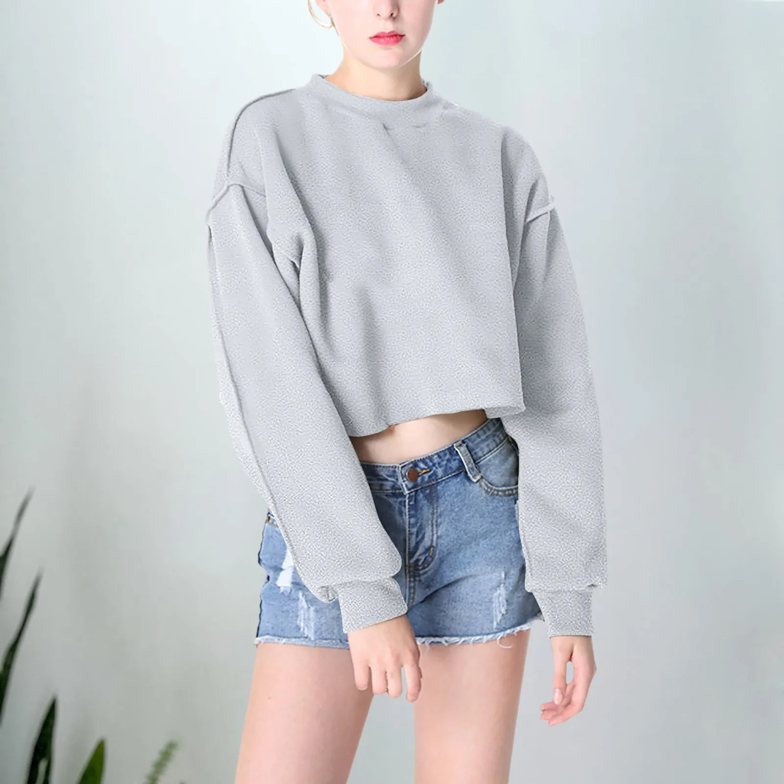 Y2k Cropped Hoodie Solid Color Streetwear Women Crop Sweatshirt Round Neck Long Sleeve Loose Pullovers Top Bluza Damska