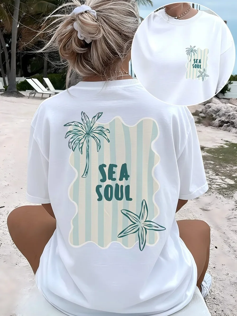 Sea Soul Graphic T Shirt Women Summer Beach Vacation Palm Tree Starfish Print Tee Retro Aesthetic Harajuku Style  Top Tee
