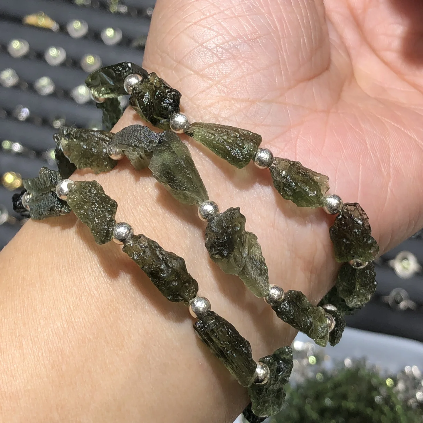 

1Pc Fengbaowu Natural Raw Rough Moldavite Bracelet 4MM 925 Sterling Silver Beads Reiki Healing Stone Jewelry Gift Men Women