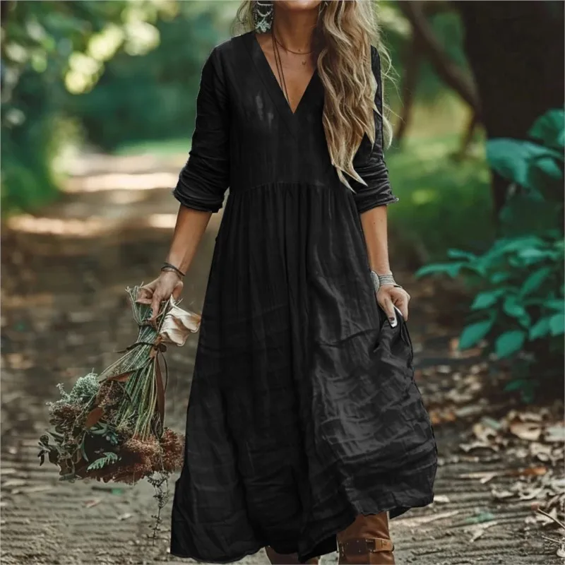 Casual cotton and linen V-neck long sleeved solid color loose dress for spring autumn women fashionable and elegant long skirt
