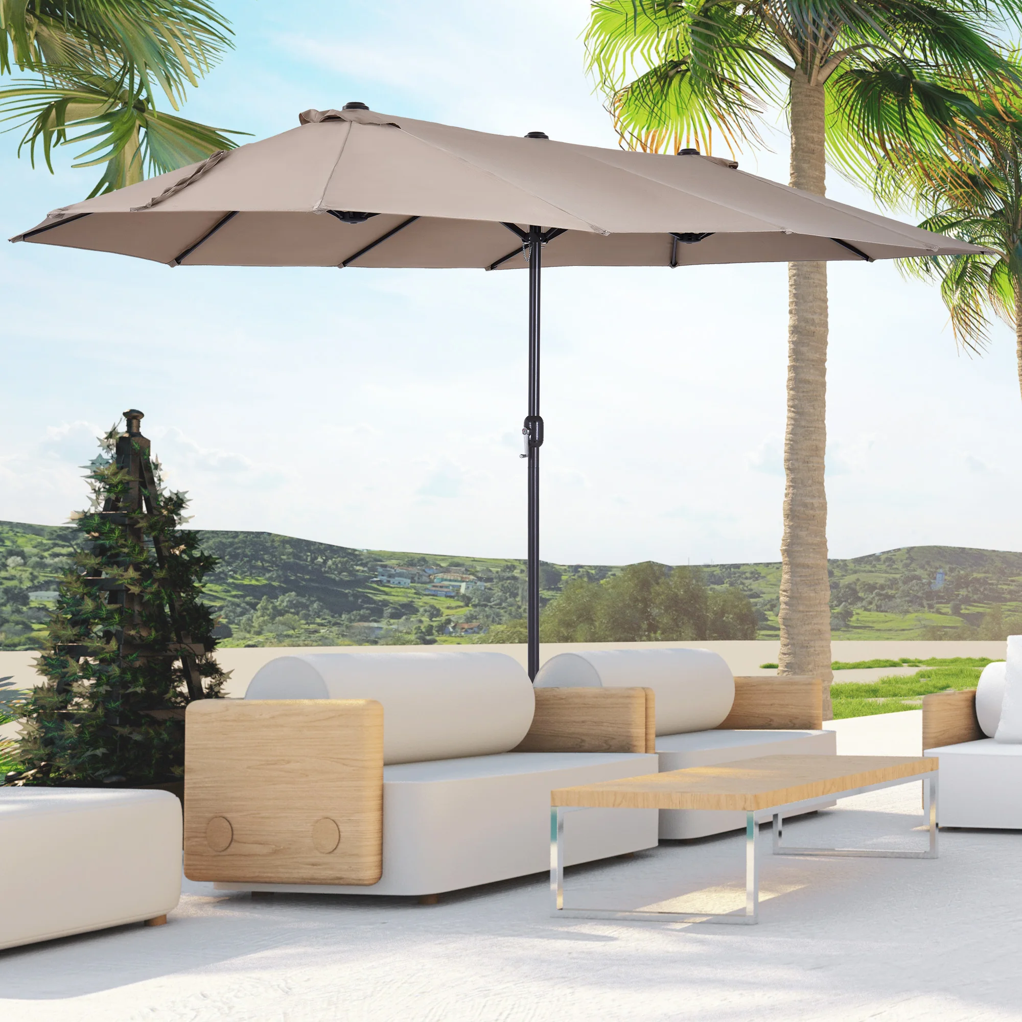 15 ft Outdoor Double-Sided Market Patio Umbrella Steel Rectangular - Tan
