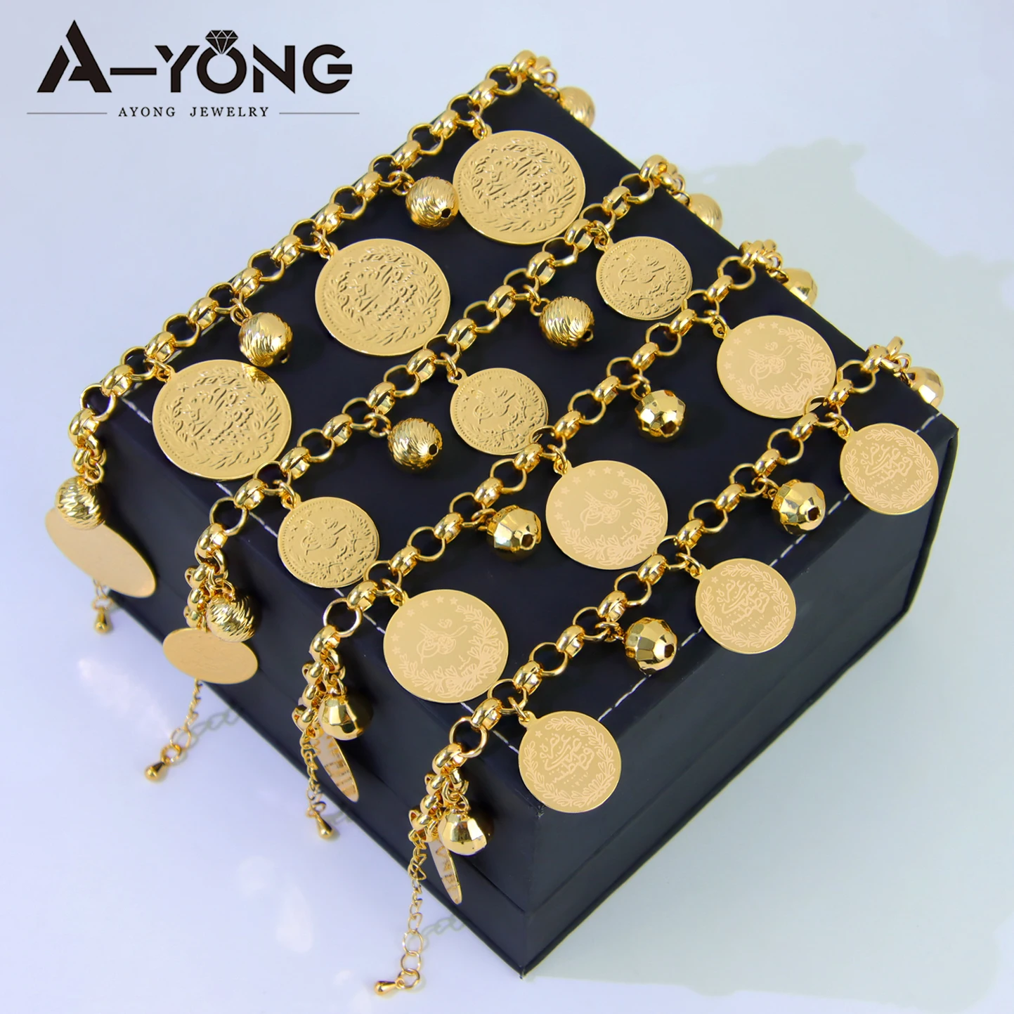 Saudi Muslim Gold Color Coins Bracelet 21k Gold Plated Elegant Balls Bangles Nigeria Brazilian Women Wedding Party Jewelry