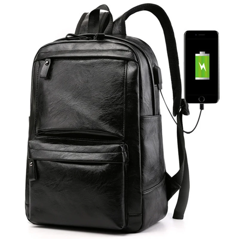 

Casual USB Charging Men's Backpack Vintage PU Leather Man Travel Fashion Teenager School Bag Business Laptop