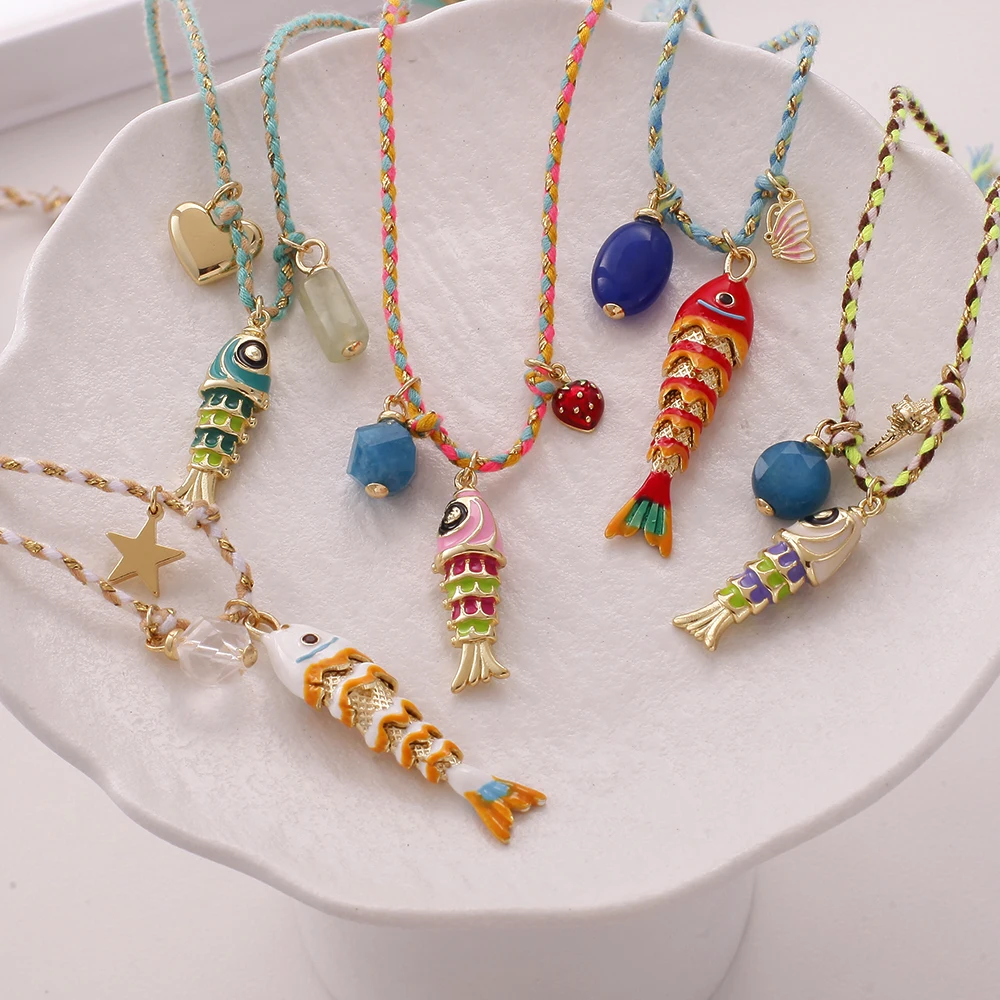 Boho Y2K Fish Necklace For Women 3pcs Set Cute Star Heart Choker Natural Stone Collars Woman's Trendy Summer Long Chain Jewelry