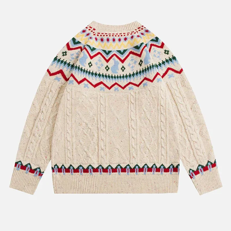 2024Y2K Autumn/Winter Ethnic Style New Casual Top Knitted Sweater Splicing Ethnic Clothing Sweater Top Warm Cartoon Sweater Fash