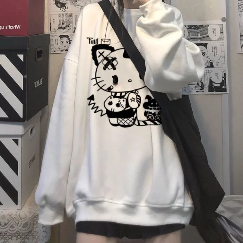 Spring Autumn Cartoon Hello Kitty Print White Hoodie Harajuku Sweatshirt Women Loose Student Casual Streetwear Kawaii Clothes