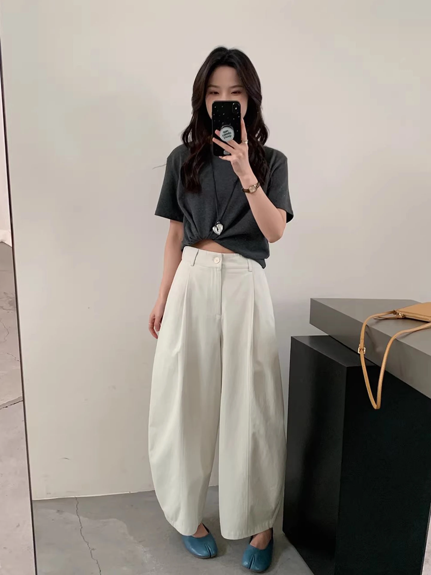 

Cool Trendy High Waist Workwear Casual Pants Women Early Spring Loose Wide Leg Knife Pants Nine Points Pants Polyester Fiber