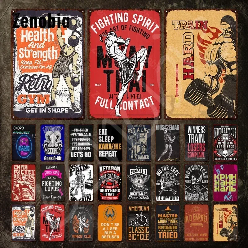 Fitness Metal Sign Healthy and Strength Keep Fit Train Hard Tin Sign Retro Gym Metal Poster Vintage Tin Plate Plaque Wall Decor