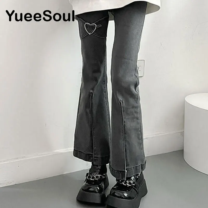 Love Metal Gray Women Jenas High Waist Flares Pants 2022 New Fashion Y2K Vintage Cute Sweet Casual 2000s E girl Female Clothes