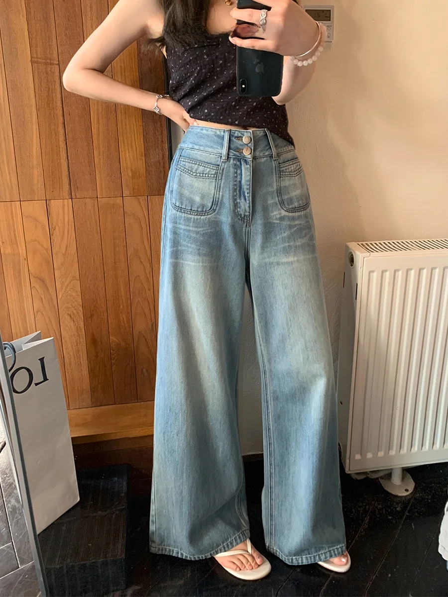 

MUKOK Light Blue Washed Wide Leg Denim Jeans Women's Casual Drapey Slimming Spring Summer New Style High Waist Pocket Detail