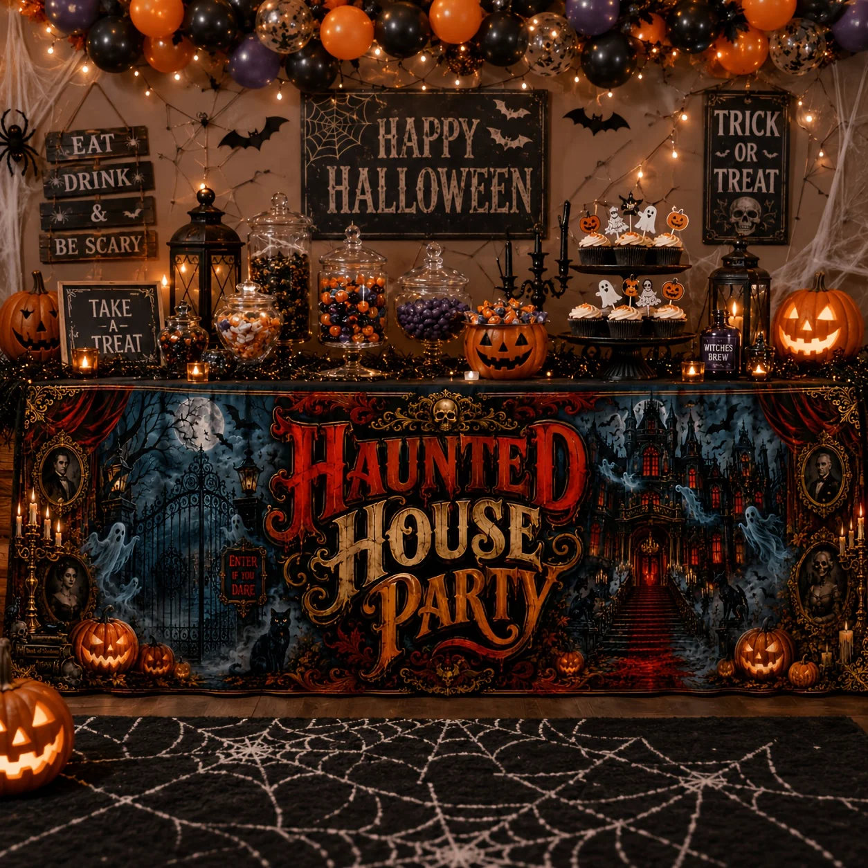 Send a tablecloth 1 piece. For the Haunted House, send a Halloween printed polyester tablecloth.