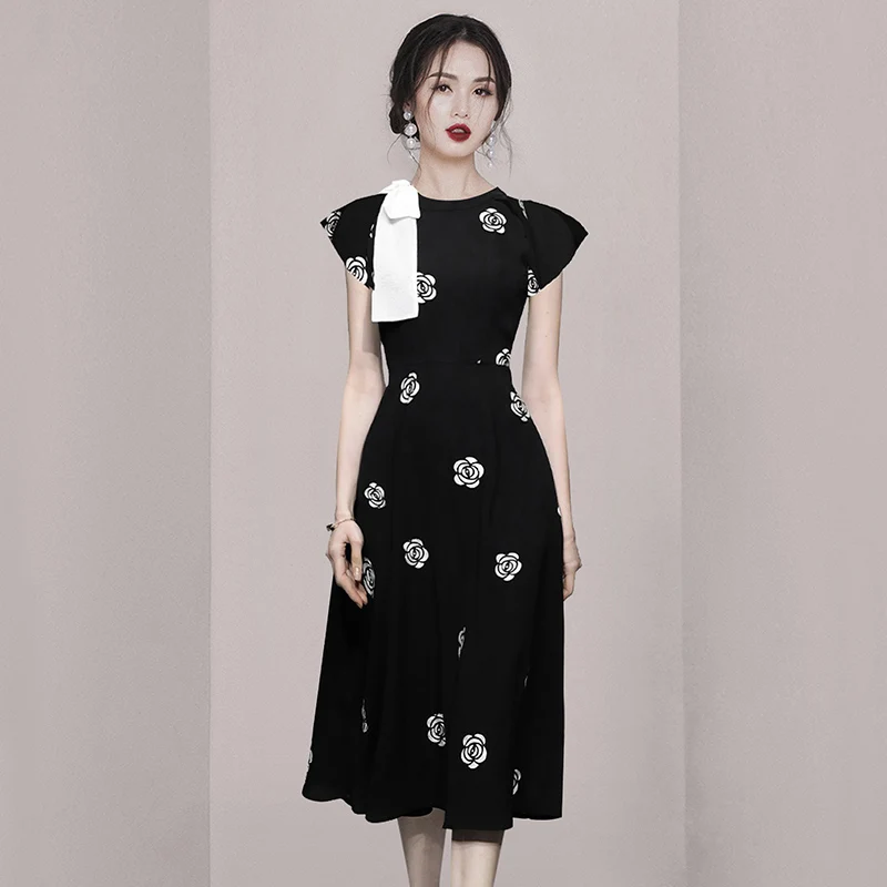 Designer Fashion New Summer Rose Flower Embroidery Office Dress Elegant Women O Neck Hit Color Bowknot Black Floral Midi Dresses