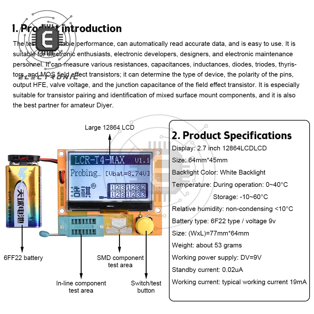 High Quality New LCR-T4-MAX LCR T4 Meter Transistor Tester Diode Triode Capacitance SCR Inductance 12864 LCD