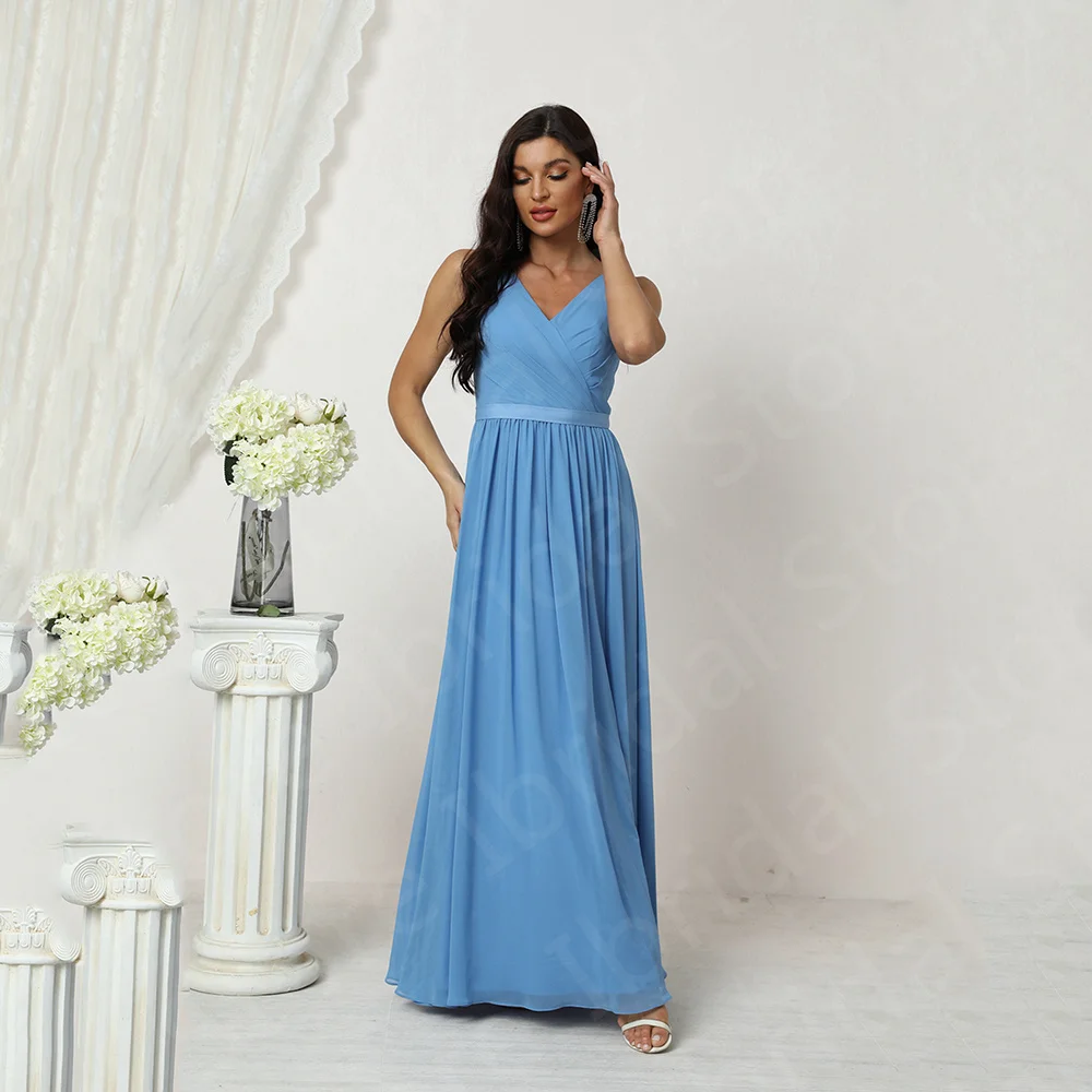 Real Sample Blue Chiffon Mother of the Bride Dresses Sleeveless  Dress Back Out Wedding Guest Gowns V Neckline On Sale