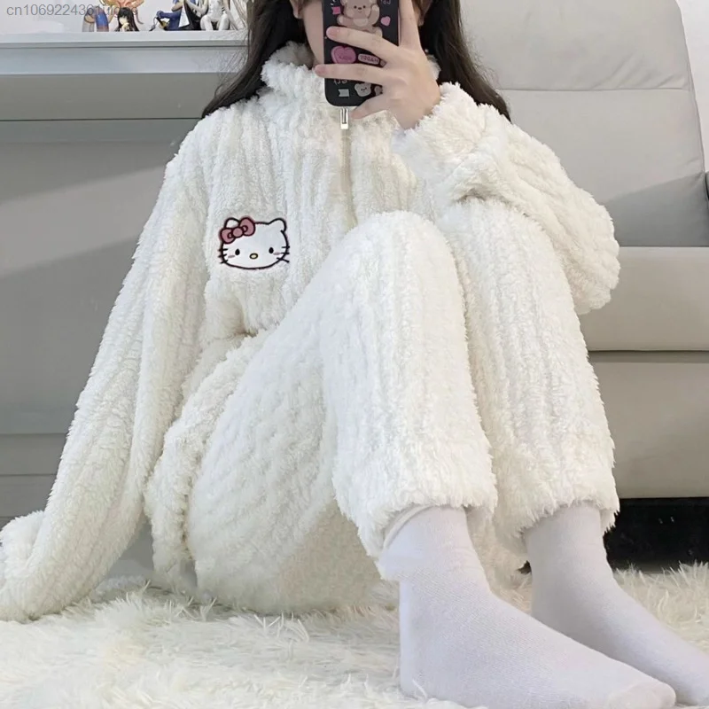 Imagem -02 - Sanrio Hello Kitty Cartoon Soft Plush Zipper Cardigan Tops e Calças Combinando Conjunto para Mulheres Terno de Suor Casual Roupas Novas Y2k Peças