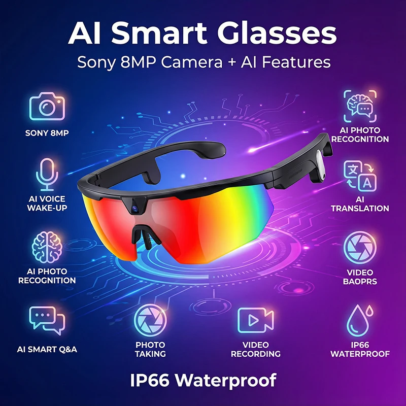 AI Smart Glasses With Camera 2026 Sports Outdoor Cycling Headphones Touch Control Windproof Bluetooth Translation Sunglasses