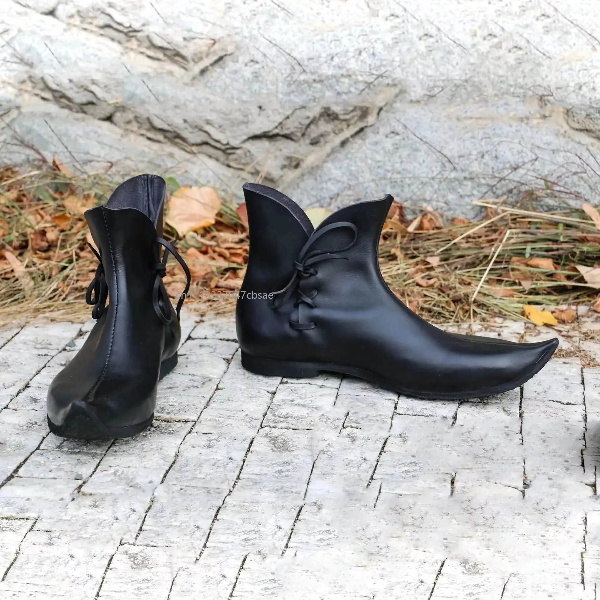 European Vintage Medieval Pointy Boots PU Leather Bandage Ankle Boot Renaissance Cosplay Knight Hunter Prince Pirate Costume