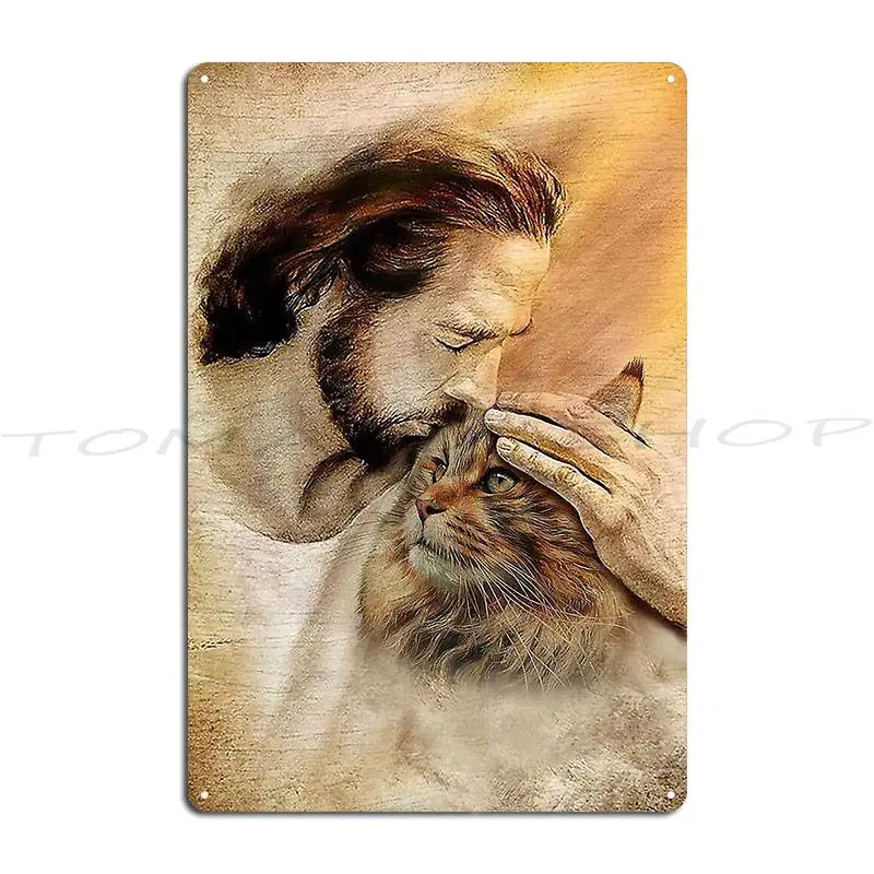 Jesus With Lovely Maine Coon For Maine Coon Lover Metal Sign Wall Pub Cave Garage Plaques Designing Tin Sign Poster