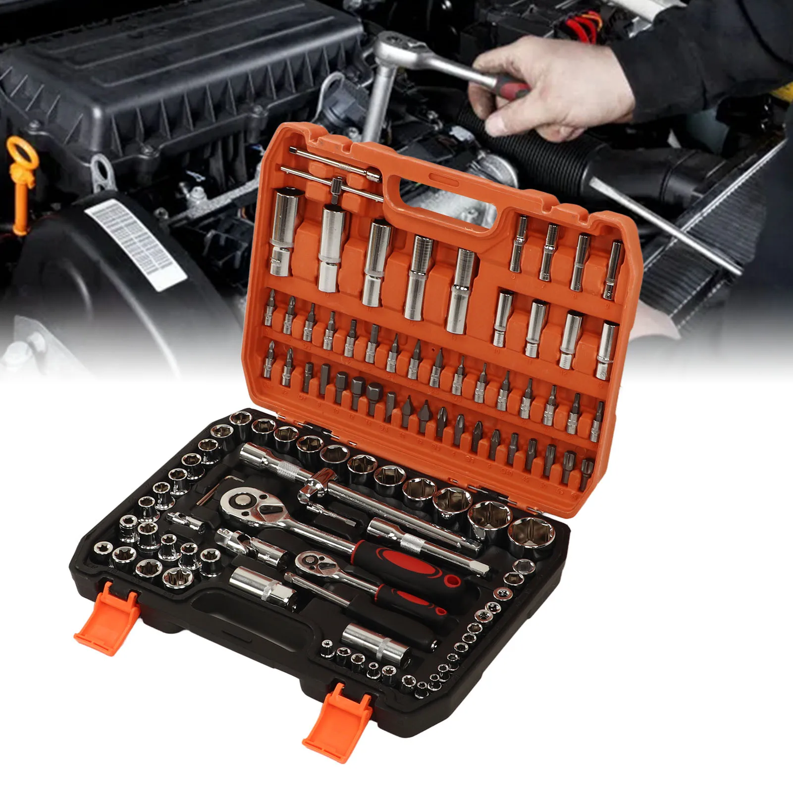 

108-Piece Mechanical Repair Tool Kit - Impact Socket Assortment Ratchet Hex Wrenches for Automotive/Motorcycle DIY