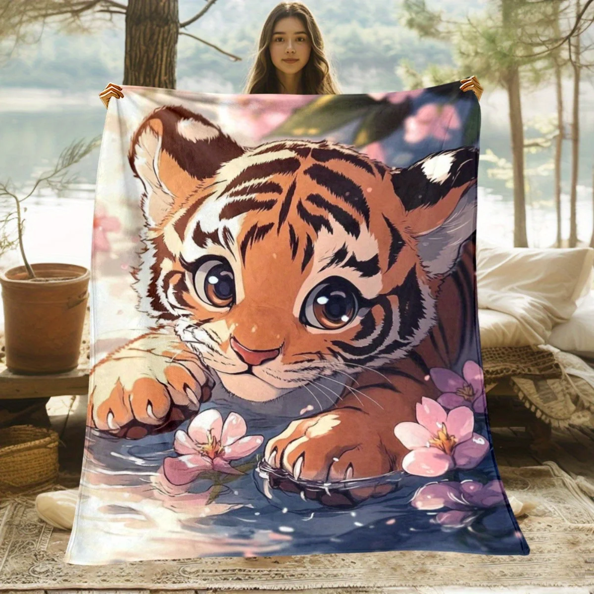 بطانية فانيلا بتصميم نمر مخطط باللونين البرتقالي والأسود - دافئة وناعمة، مناسبة للأرائك والأسرة وغرف المعيشة والمكاتب والسفر، #1