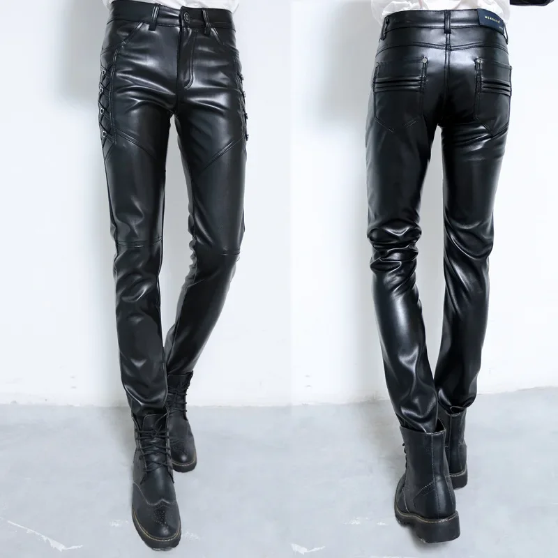 HOO 2025  young men with thick leather pants cultivate one's morality foot trousers fashion pu leather pants