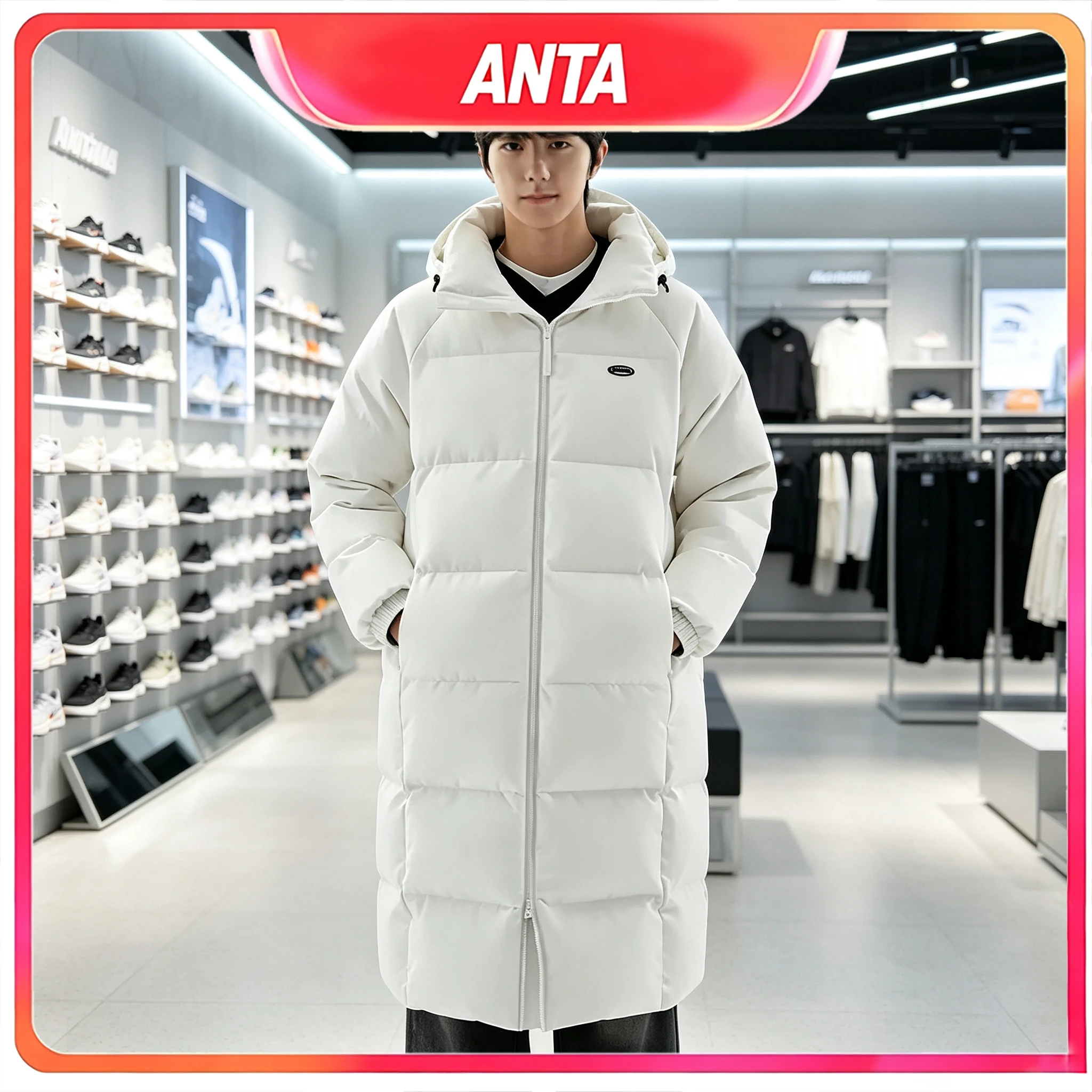 Anta Long Puffer Jacket 2026 Winter Water-Repellent Unisex Volcanic Rock Hooded Down Coat
