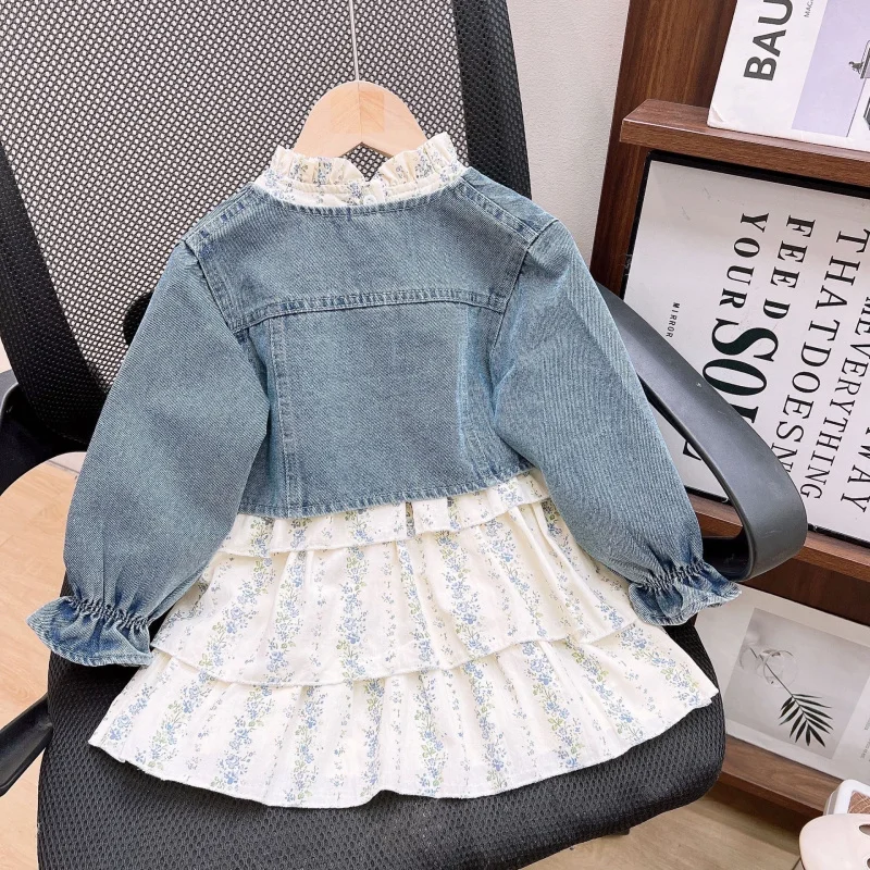 084Girls' Primavera e Outono Nova Moda Jaqueta Jeans com Conjunto de Vestido de Bolo Floral