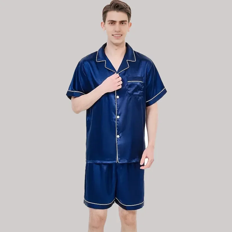 Men\'s Summer Sleepwear New Pajama Sets Men Ice Silk Cardigan Short-Sleeved Shorts Senior Sense Of Solid Colour Pajamas Homewear