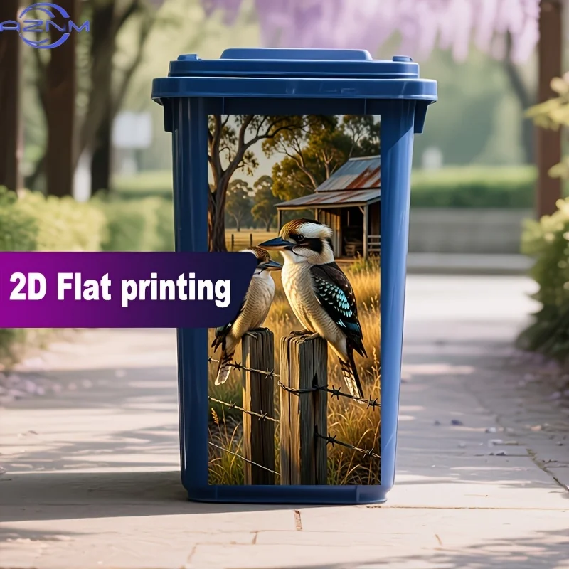 2D Flat Printing 1pc Trash Can Sticker , Australian Laughing Kookaburra Countryside Scenery Design, Self-Adhesive Wall Decal W