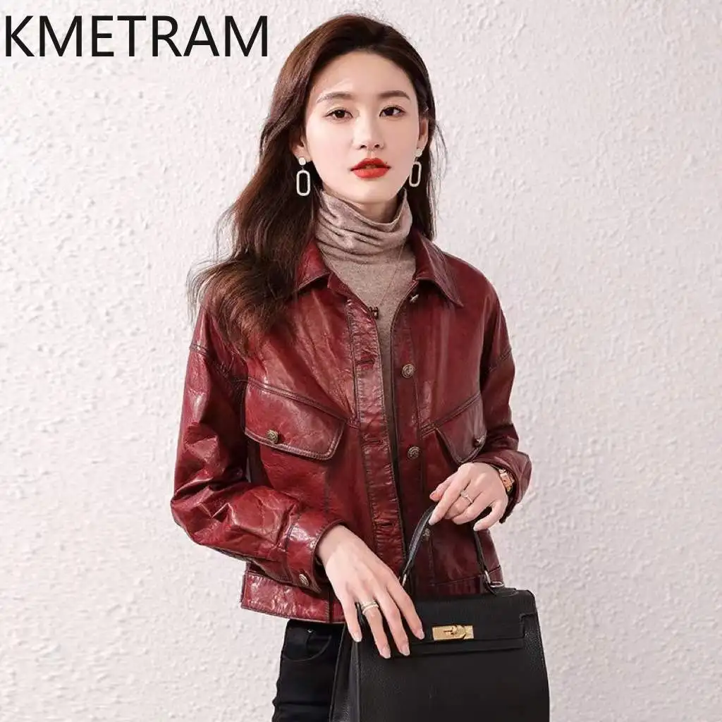 100% echte koeienhuid jas vrouw korte mode bordeaux lederen jassen nieuw in bovenkleding herfstkleding 2025 dames mbaб::ка
