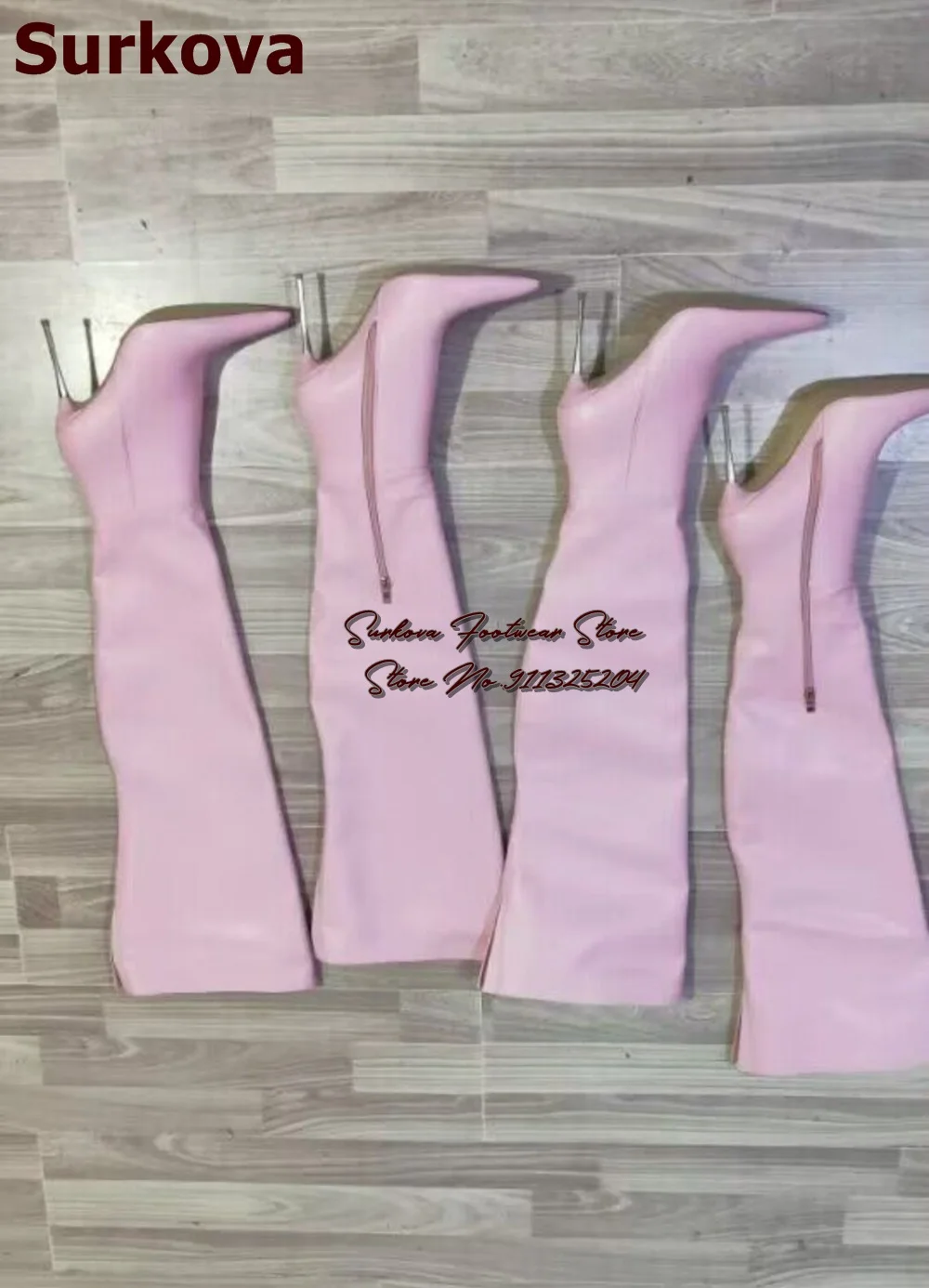 Surkova-女性用の薄い金属製のハイヒールブーツ、膝上ブーツ、ピンクのマットレザー、先のとがったつま先、太ももの高いブーツ、セクシーなジッパー付きドレスシューズ