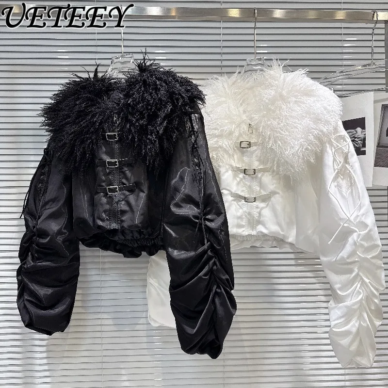 

Casual Solid Color Short Jacket Autumn Winter New Sweet Spicy Eco-Friendly Fur Shawl Collar Belt Buckle Warm Cotton Coat