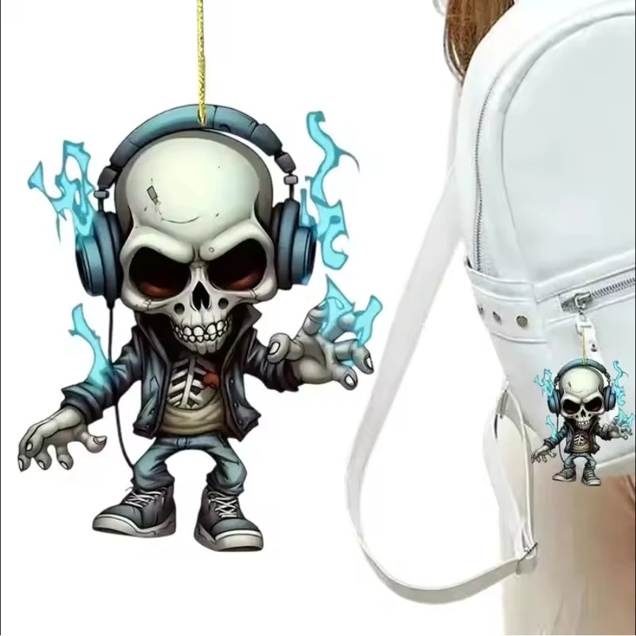 2D Acrylic Skull Keychain Car Rear View Mirror Decoration Pendant Christmas  Halloween Backpack Keyring Charms Fashion Jewelry