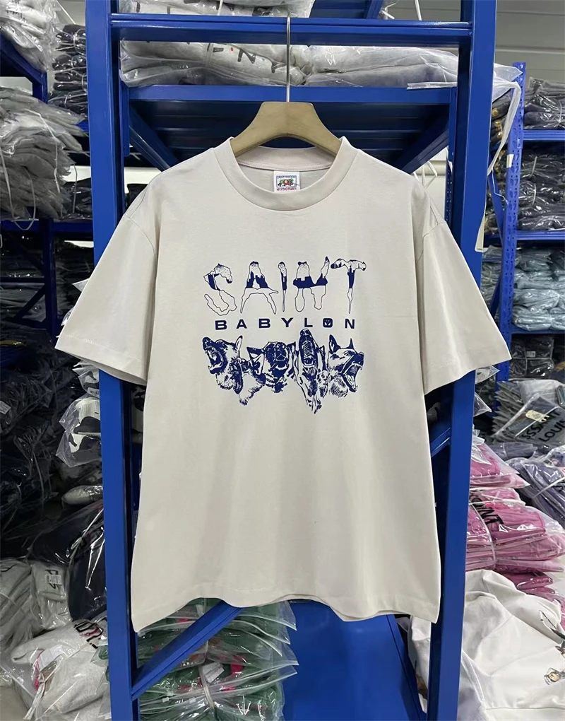 

SAINT New Letter Pattern Printed Washed Vintage Short Sleeve Japanese Street Versatile Cotton High Quality Trendy Men T-shirt