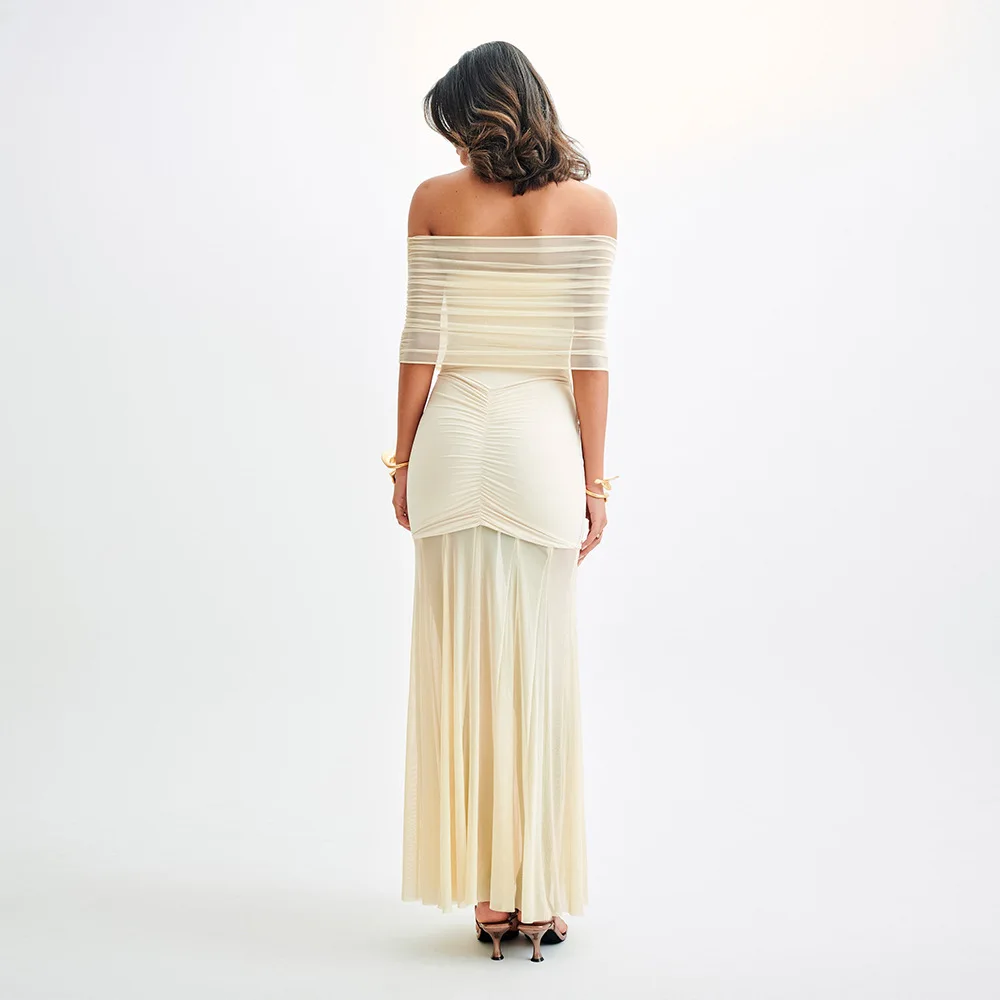 EINY Skinny Off-shoulder Backless Sexy Maxi Dress For Women Gown Fashion Mesh Strapless Sleeveless Bodycon Long Dresses Elegant