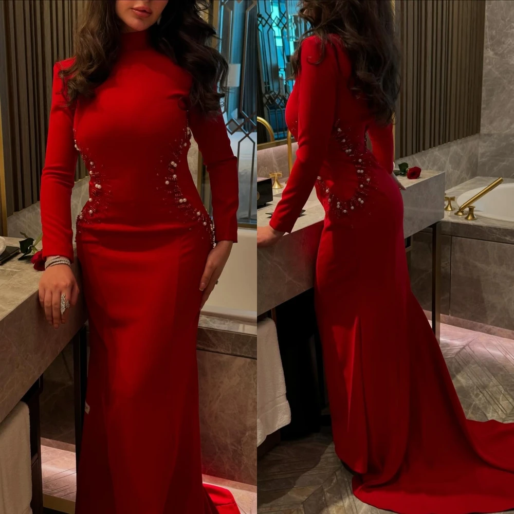Jersey personalizado gola alta mangas compridas sereia vestido de noite requintado cristal vestidos de baile luxo ocasião especial vestidos