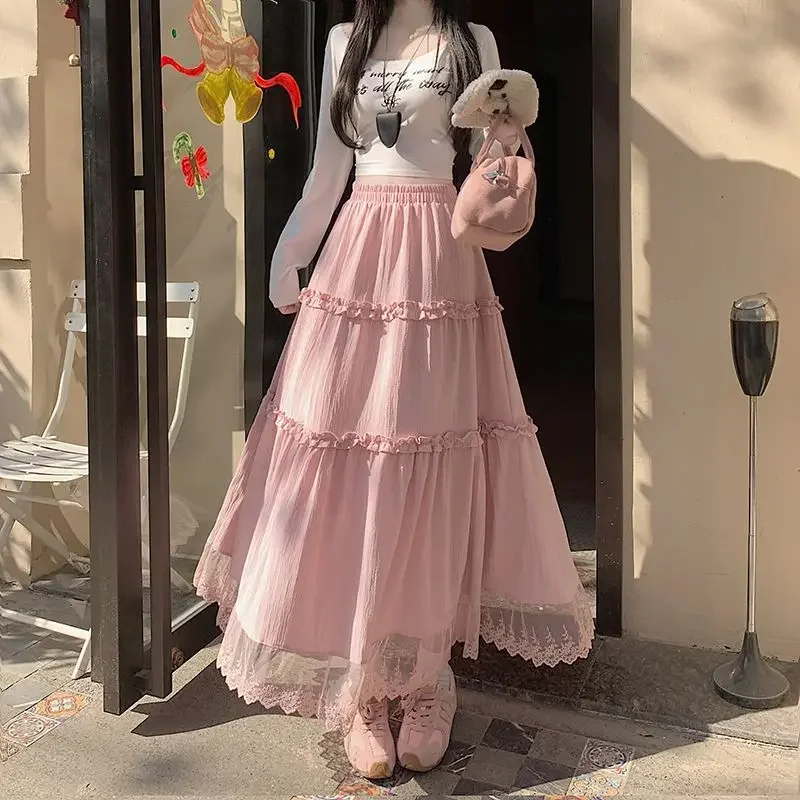 

Gagaok Woman Skirt 2025 Spring New High Waist Fungus Lace Patchwork Long Skirts Outwear Gentle Sweet Solid Faldas Largas