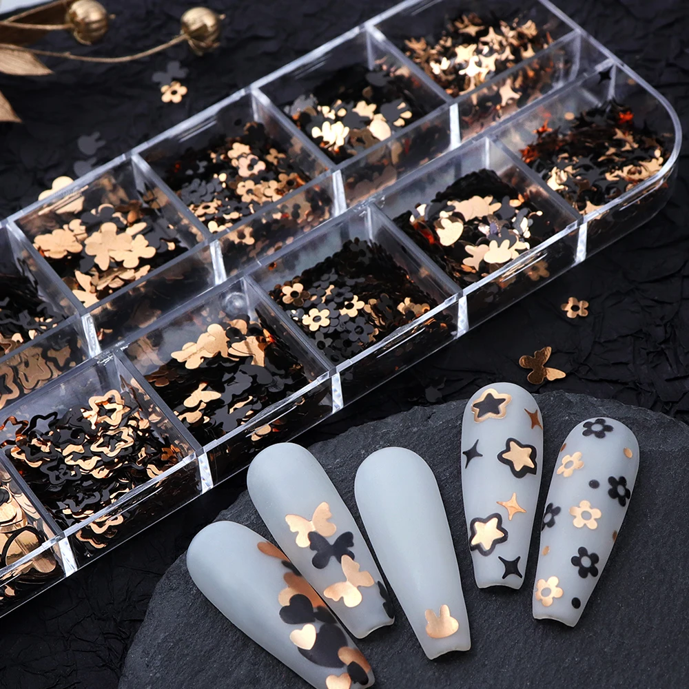 Black Golden Butterfly Flowers Nail Art Sequins Star Design Nails Charms for Gel Nail Polish Manicure Decoration Accessories