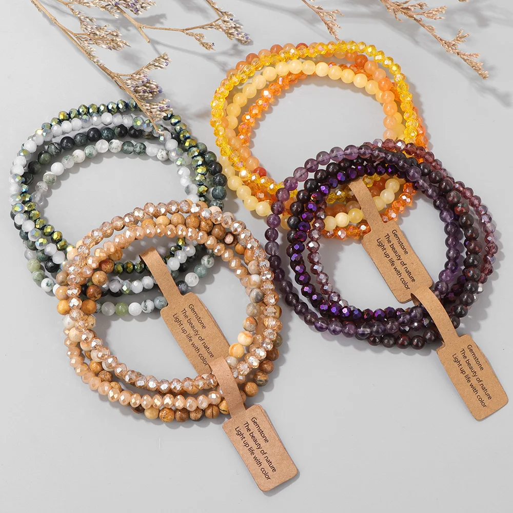 4-layer stone glass bead bead elastic rope bracelet 4MM bead multi-layer bracelet set jewelry gift
