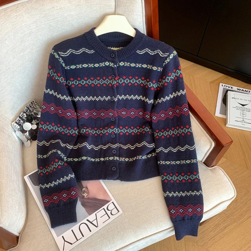 Autumn Winter New Fashion Round Neck Knitted Cardigan Women's Color Blocking Printed Design Single Breasted Warm Sweater