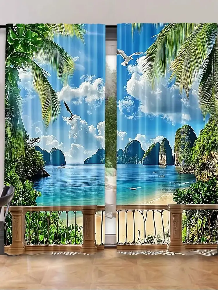 

2Pcs Birds Flying By The Sea Curtains For Bedroom And Living Room Study Office Bathroom Decor With Vibrant Landscape Pattern