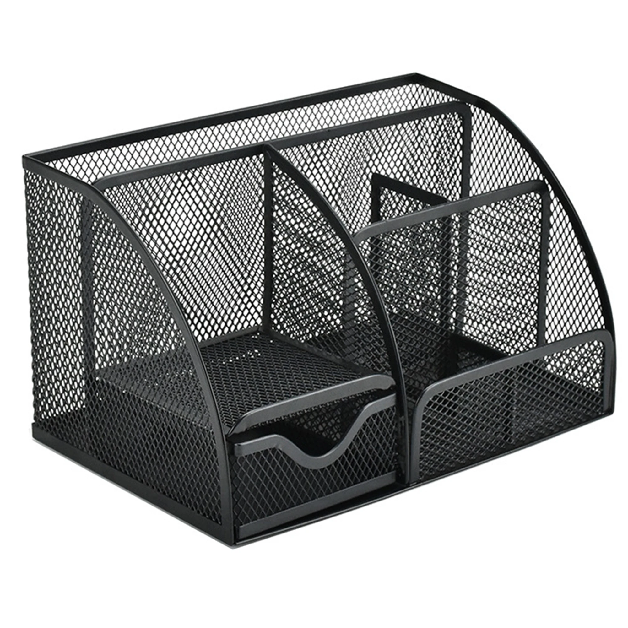Mesh Pen Holder and Organizer Office Supplies with 7 Compartments, Desktop Organizer with Drawer, Metal Pen Holder for Desk