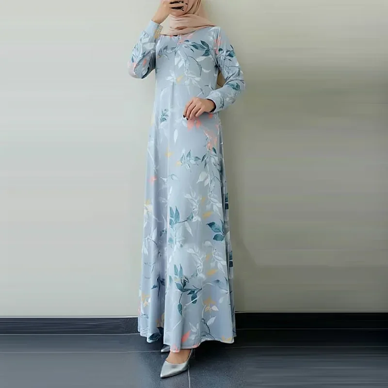 2025 Nieuwe Moslim Abaya Jurk Vintage Print Gewaad Femme Musulman Ronde Hals Grote Schommel Vrouwen Jurk voor Europa Amerika Dubai Marokko