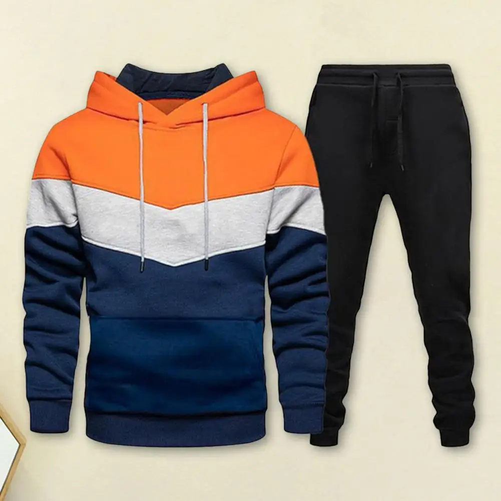 Men Spliced Design Loungewear Men's Hooded Sweatshirt Jogger Pants Set with Patchwork Color Design Front Pockets for Sports