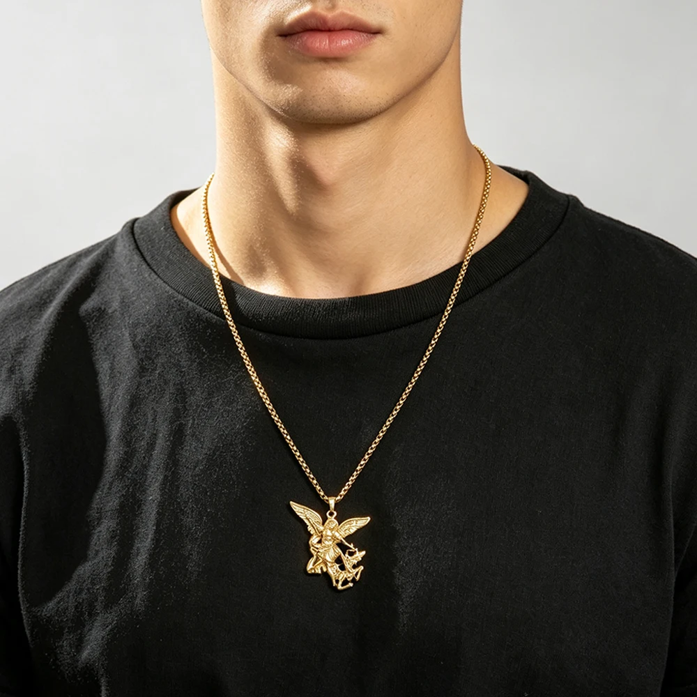Saint Michael Archangel Pendant Necklace For Men Stainless Steel Religious Protection Amulet Vintage Jewelry Catholic Faith Gift