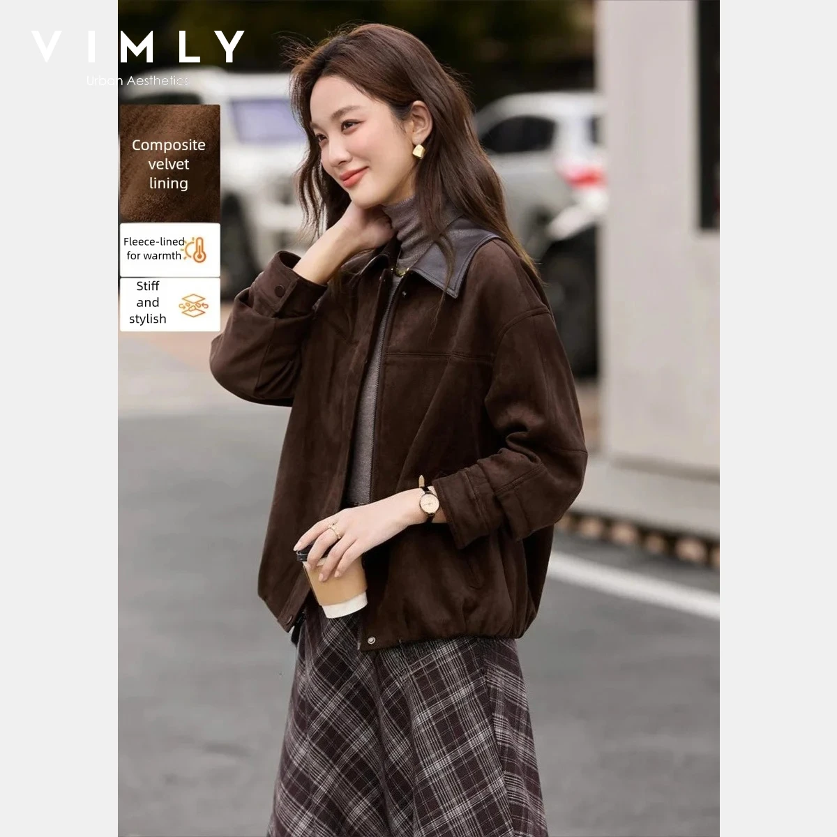 เสื้อแจ็คเก็ตวินเทจ VIMLY รุ่นปี 2025 สีน้ำตาล บุขนแกะ ตัดต่อปกหนัง เสื้อโค้ทหนา อุ่น สำหรับผู้หญิง เสื้อผ้าฤดูหนาว รุ่น A3529