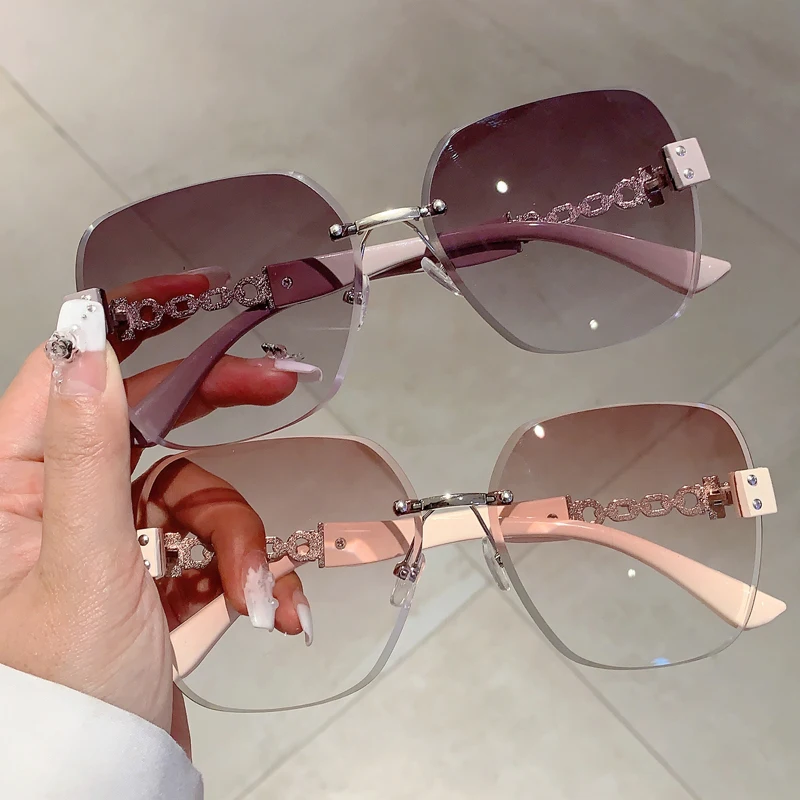 KAMMPT Gradient Tea Trendy Women Sunglasses Oversize Rimless Retro Shades for Decoration Driving UV Protection Sun Glasses