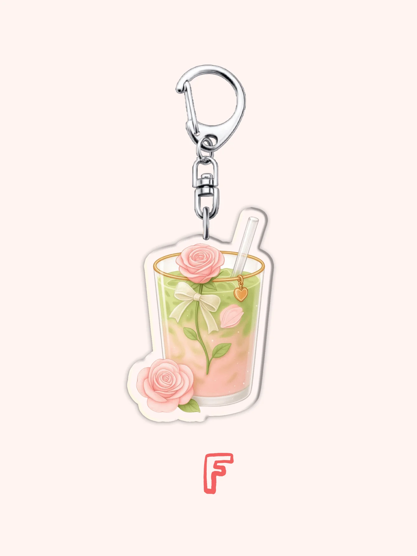 Lindo llavero con diseño de bebida de matcha y rosas para colgar en la bolsa, como cordón o para llaves del coche.