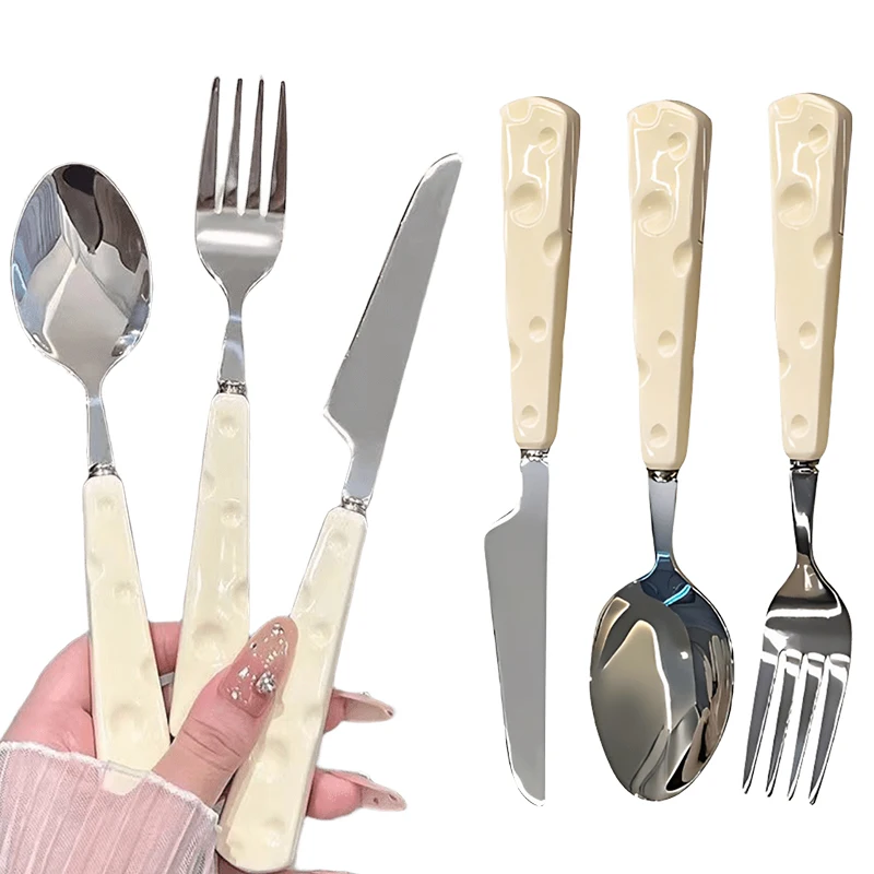 1/3PCS Geschirr Edelstahl Messer Gabel Löffel Keramik Käse Geformt Griff Nette Aussehen Elegante Haushalts Geschirr ZYF