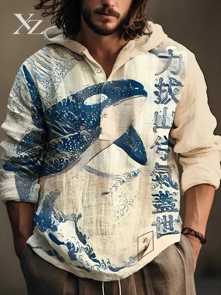 Men's 2025 Autumn Renaissance Hoodie Shirt Long Sleeve Japanese Whale Print Hooded Collar Oversized Tops